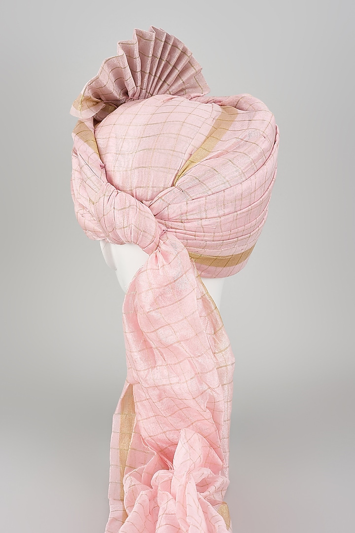 Blush Pink Chanderi Silk Zari Checkered Hand Draped Safa by RNG Safawala Men at Pernia's Pop Up Shop