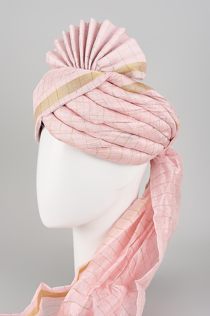 Blush Pink Chanderi Silk Zari Checkered Hand Draped Safa by RNG Safawala Men at Pernia's Pop Up Shop
