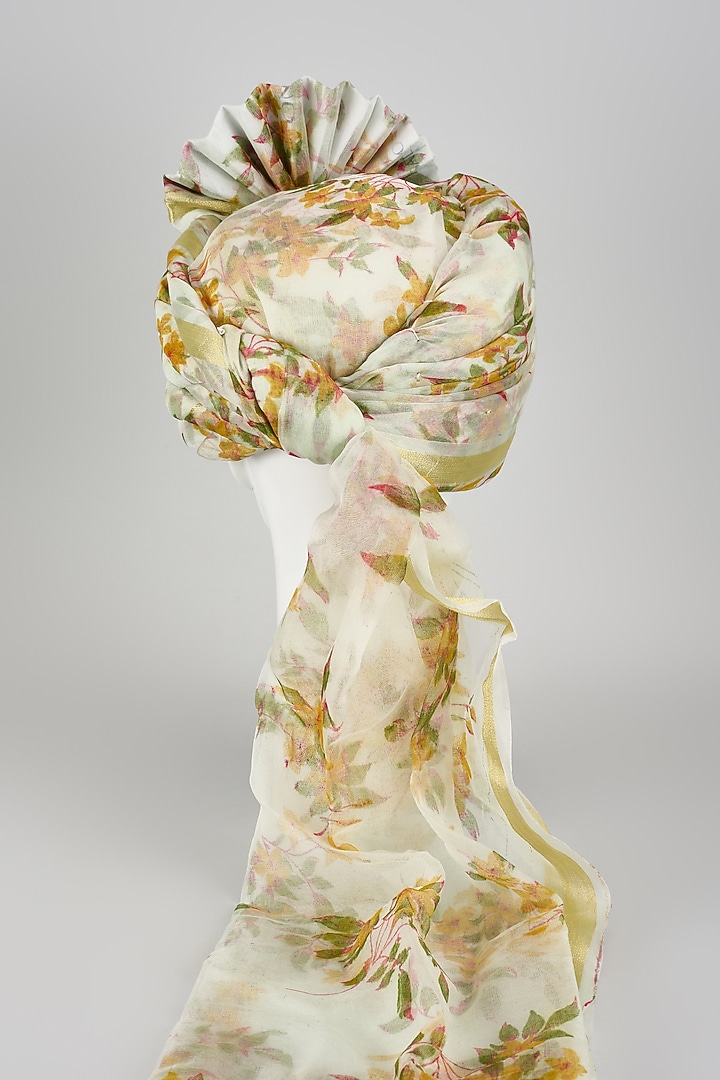 Powder Blue Organza Silk Floral Printed Hand Draped Safa by RNG Safawala Men at Pernia's Pop Up Shop