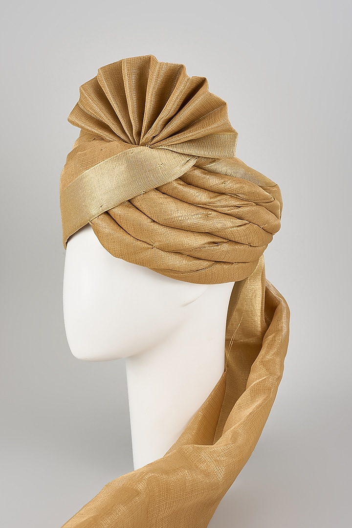 Golden Tissue Silk Zari Hand Draped Safa by RNG Safawala Men at Pernia's Pop Up Shop