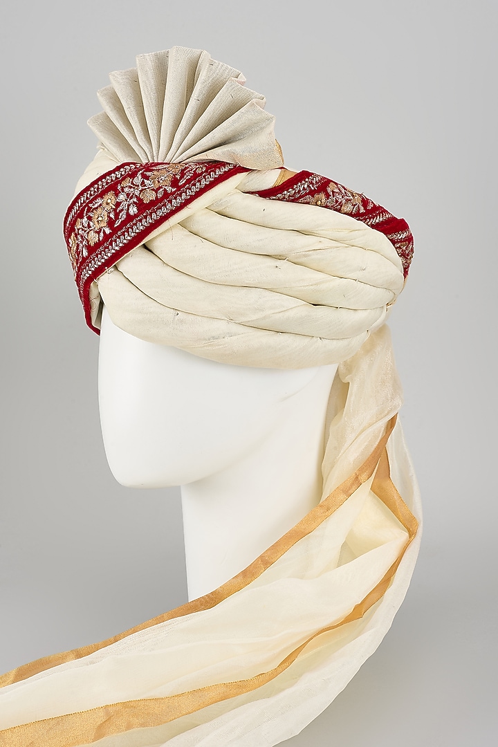 White Chanderi Silk Zari Embroidered Hand Draped Safa by RNG Safawala Men at Pernia's Pop Up Shop