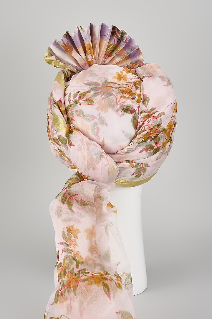 Powder Pink Organza Silk Floral Printed Hand Draped Safa by RNG Safawala Men at Pernia's Pop Up Shop