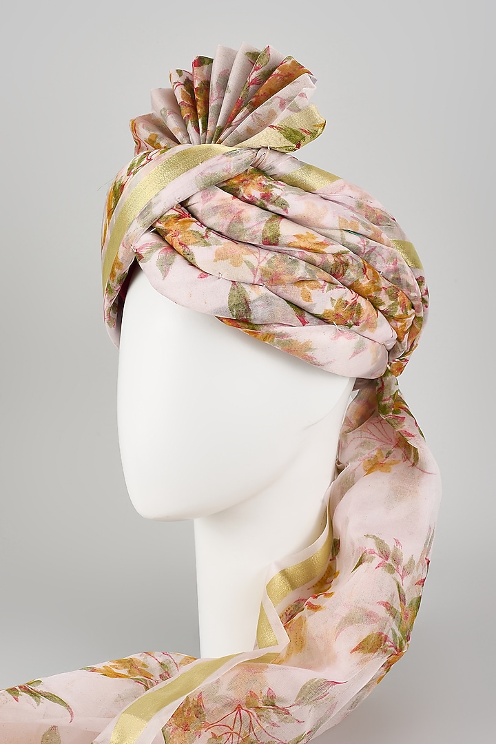 Powder Pink Organza Silk Floral Printed Hand Draped Safa by RNG Safawala Men at Pernia's Pop Up Shop