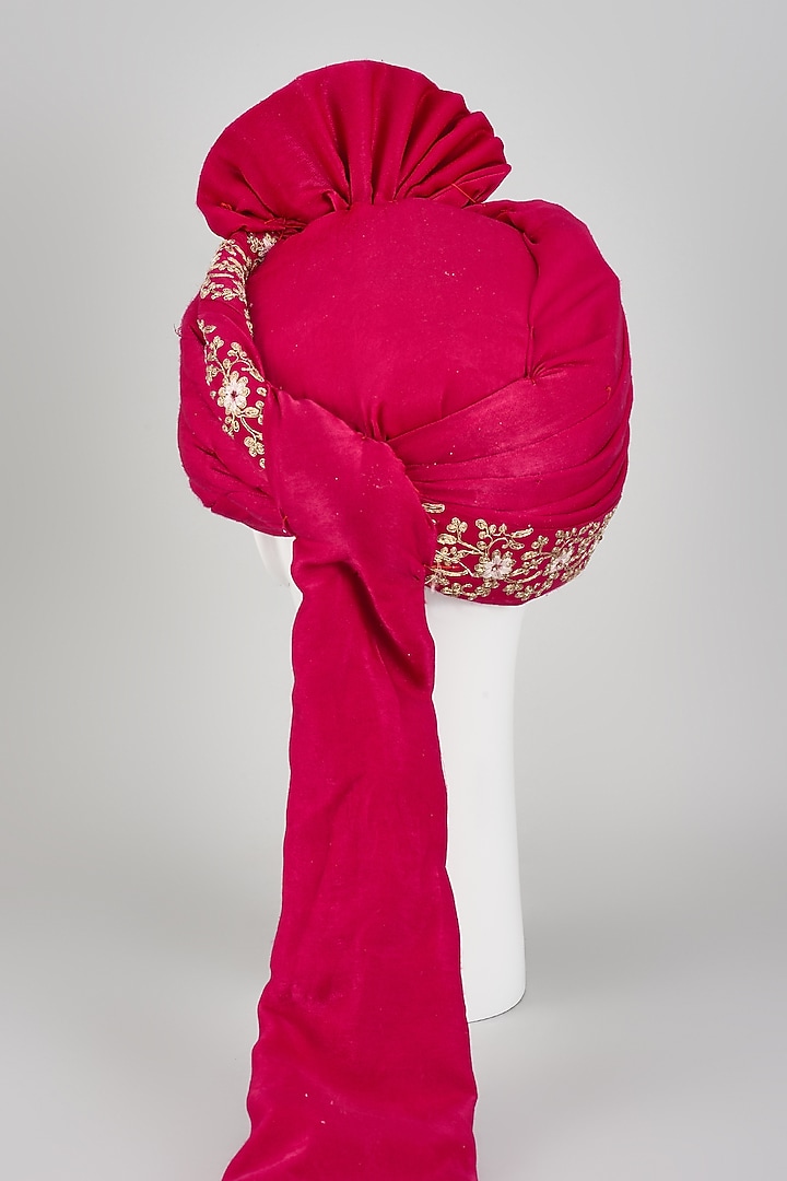 Rani Pink Velvet Silk Zari Embroidered Hand Draped Safa by RNG Safawala Men at Pernia's Pop Up Shop