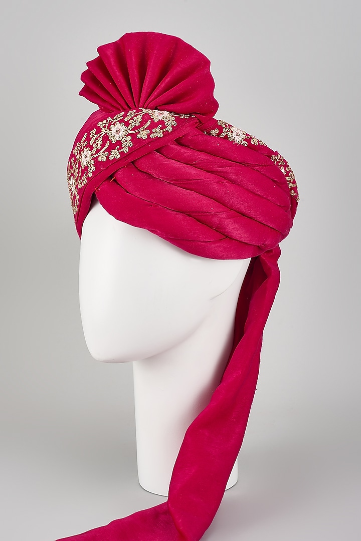 Rani Pink Velvet Silk Zari Embroidered Hand Draped Safa by RNG Safawala Men at Pernia's Pop Up Shop