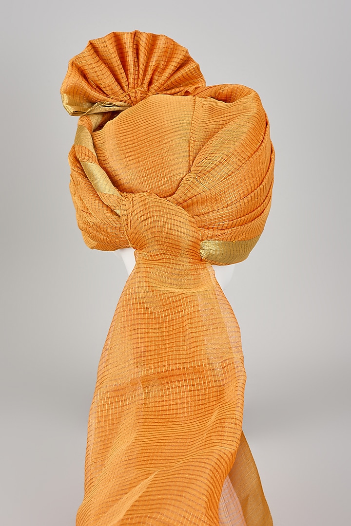 Orange Chanderi Silk Zari Checkered Hand Draped Safa by RNG Safawala Men at Pernia's Pop Up Shop