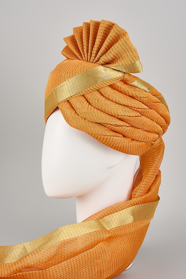 Orange Chanderi Silk Zari Checkered Hand Draped Safa by RNG Safawala Men at Pernia's Pop Up Shop
