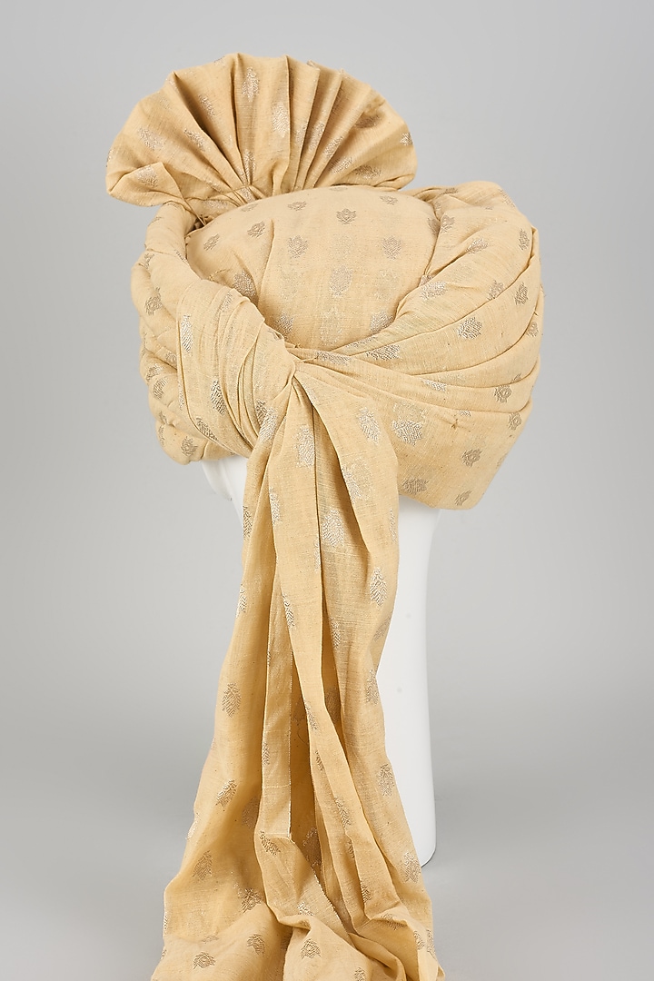 Beige Muslin Silk Zari Motif Hand Draped Safa by RNG Safawala Men at Pernia's Pop Up Shop