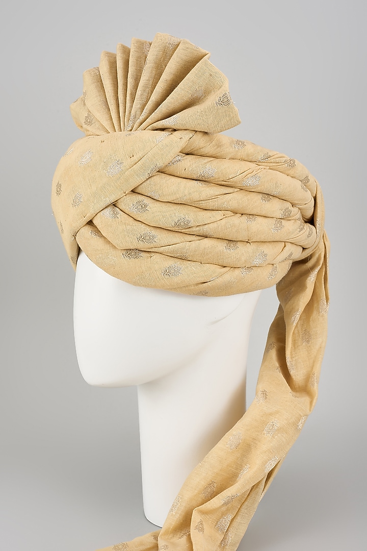 Beige Muslin Silk Zari Motif Hand Draped Safa by RNG Safawala Men at Pernia's Pop Up Shop