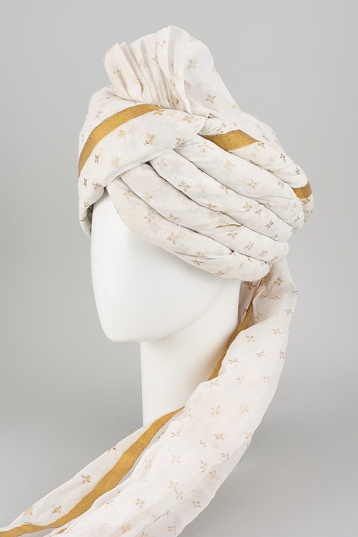 Pure White Chanderi Silk Zari Hand Draped Safa by RNG Safawala Men at Pernia's Pop Up Shop
