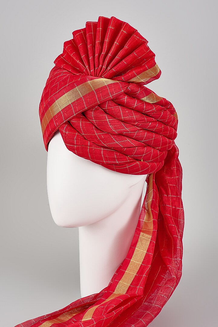 Red Tissue Silk Zari Checkered Hand Draped Safa by RNG Safawala Men at Pernia's Pop Up Shop