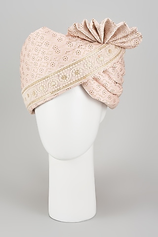 Blush Pink Art Silk Chikankari Embroidered Hand Draped Safa by RNG Safawala Men