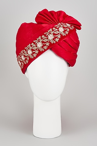 Red Velvet Silk Zari Embroidered Hand Draped Safa by RNG Safawala Men