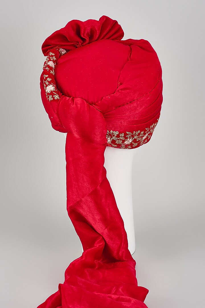 Red Velvet Silk Zari Embroidered Hand Draped Safa by RNG Safawala Men at Pernia's Pop Up Shop