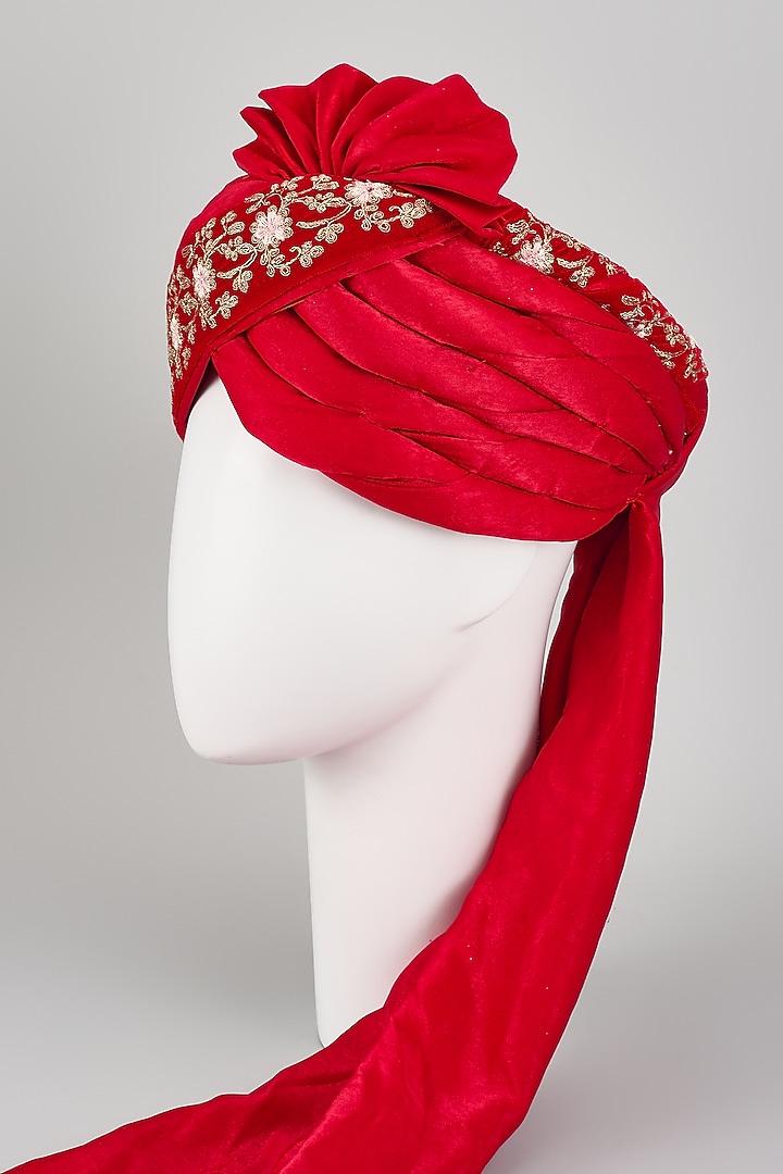 Red Velvet Silk Zari Embroidered Hand Draped Safa by RNG Safawala Men at Pernia's Pop Up Shop