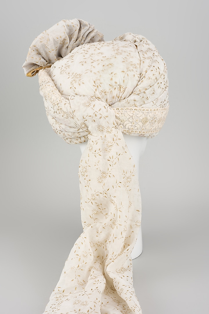 Off-White Art Silk Floral Printed Hand Draped Safa by RNG Safawala Men at Pernia's Pop Up Shop