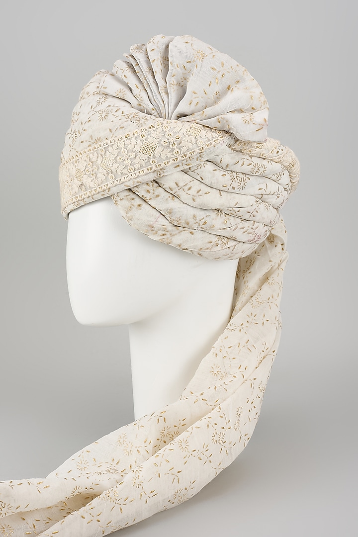 Off-White Art Silk Floral Printed Hand Draped Safa by RNG Safawala Men at Pernia's Pop Up Shop