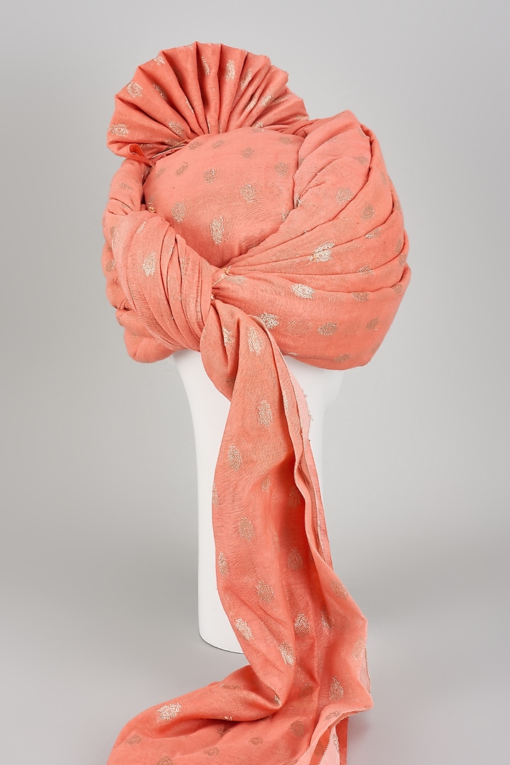 Peach Muslin Silk Zari Motif Hand Draped Safa by RNG Safawala Men at Pernia's Pop Up Shop