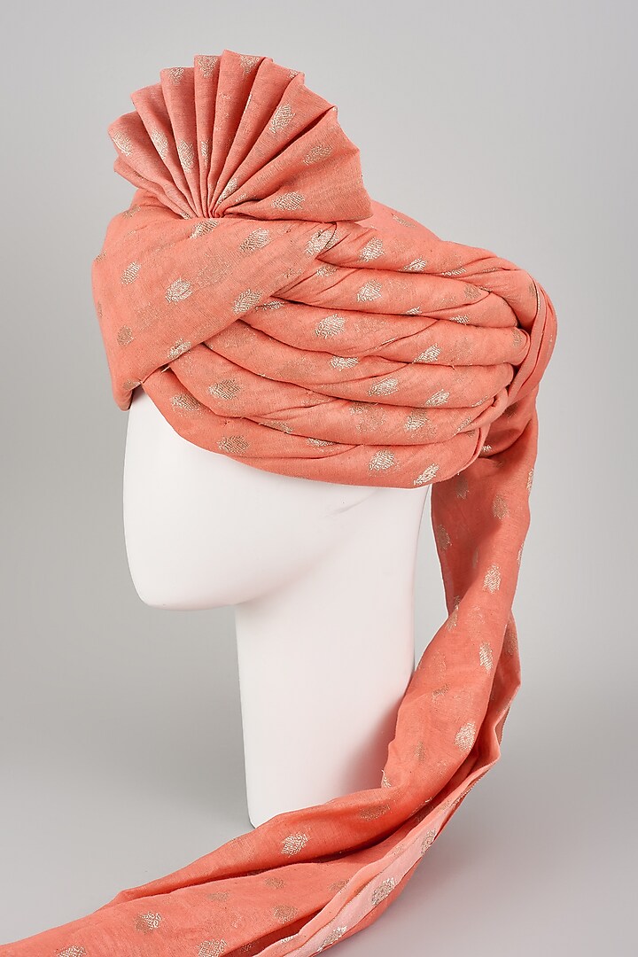 Peach Muslin Silk Zari Motif Hand Draped Safa by RNG Safawala Men at Pernia's Pop Up Shop
