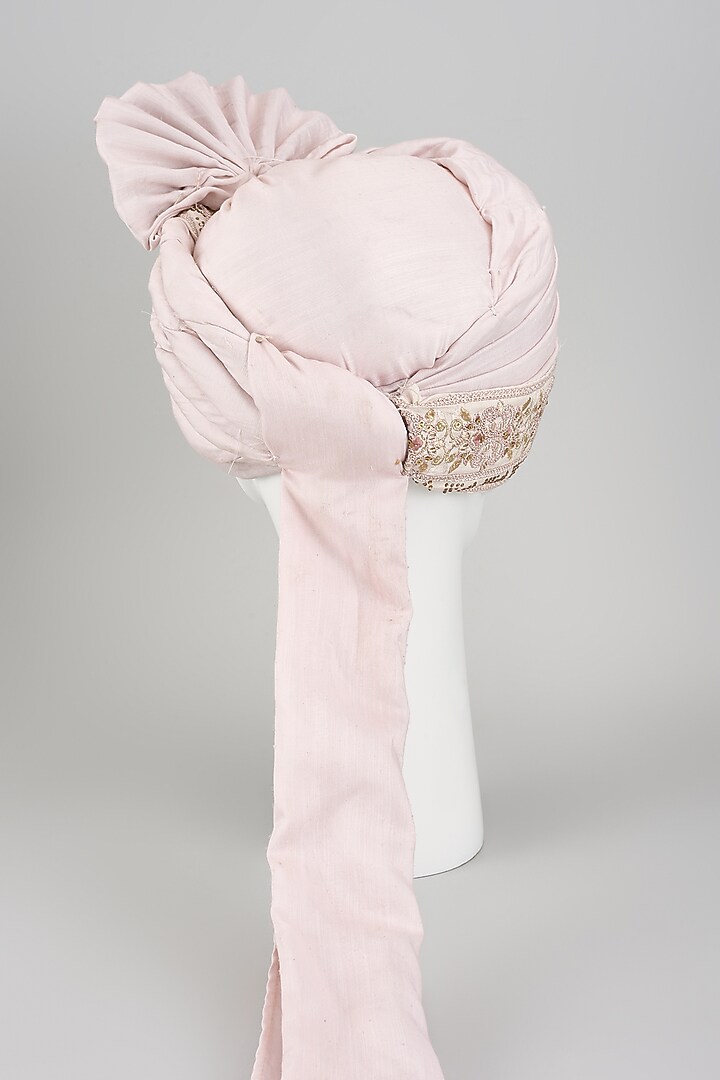 Blush Pink Chanderi Silk Zari Embroidered Hand Draped Safa by RNG Safawala Men at Pernia's Pop Up Shop