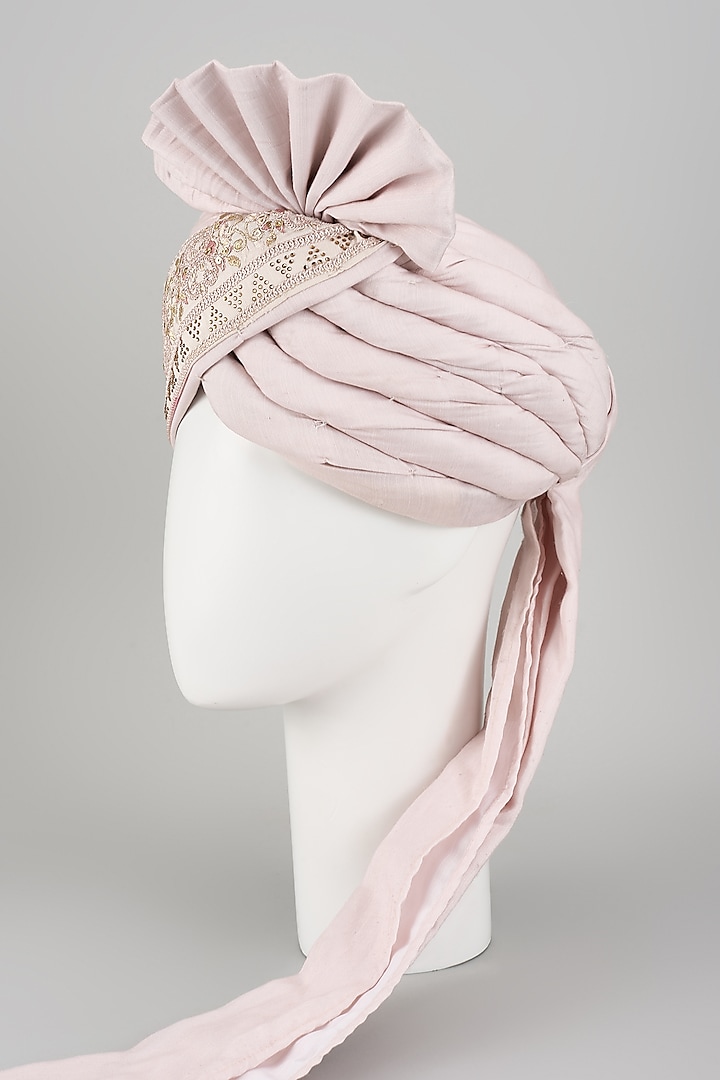 Blush Pink Chanderi Silk Zari Embroidered Hand Draped Safa by RNG Safawala Men at Pernia's Pop Up Shop