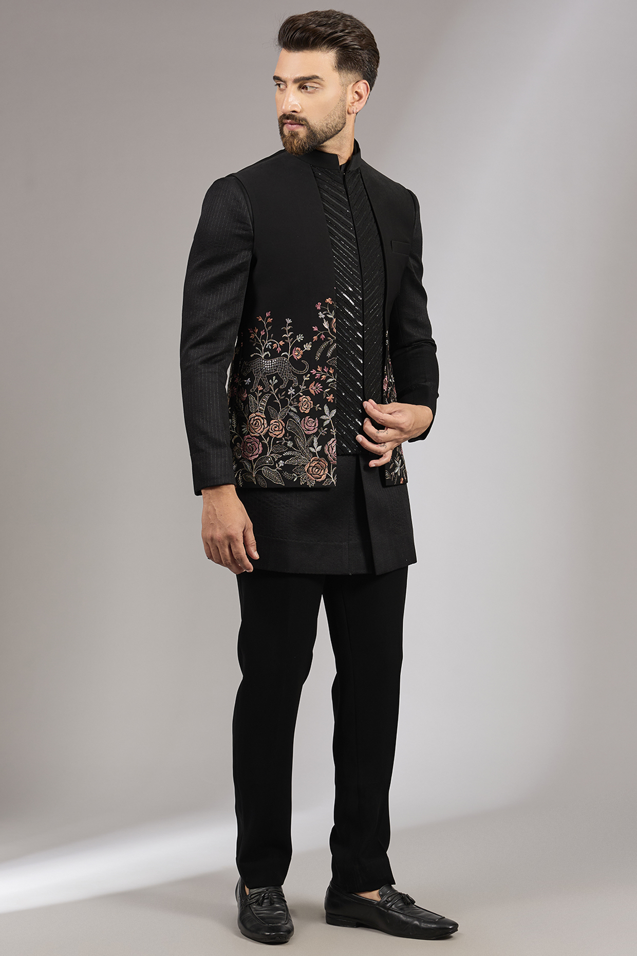 Black French Terry Cutdana Embroidered Bundi Jacket Set by RNG Safawala Men