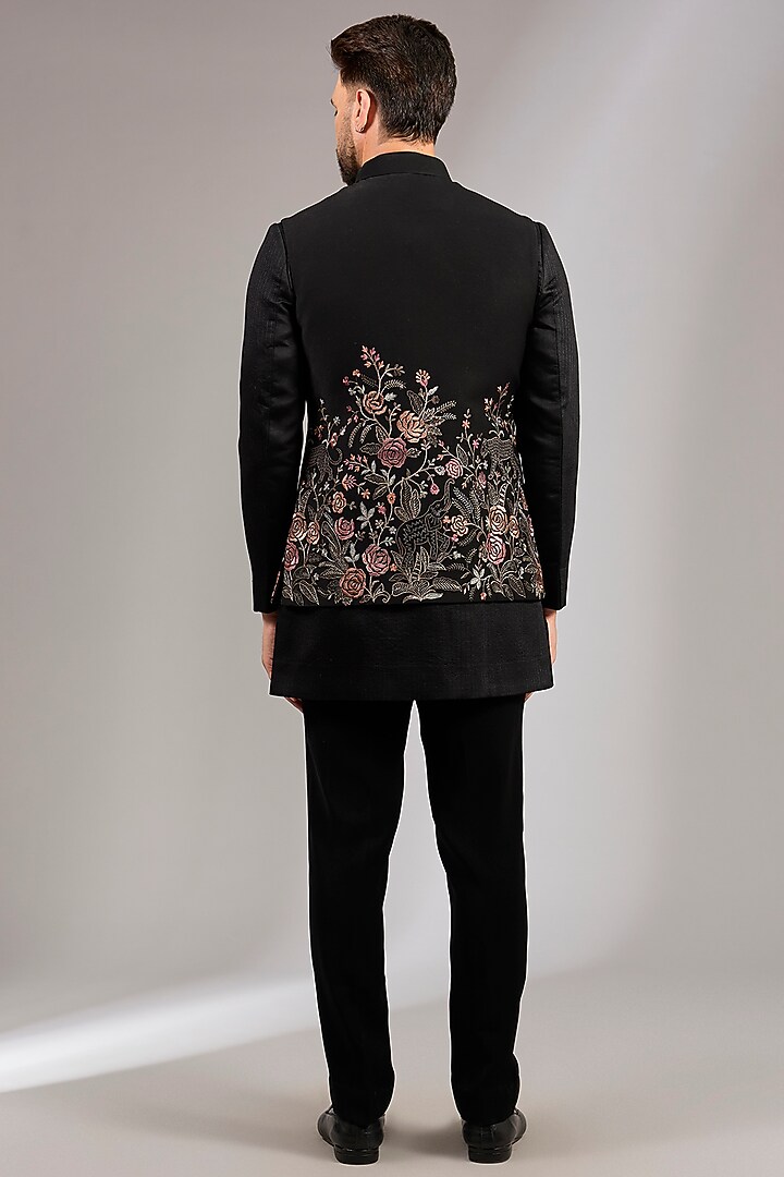 Black French Terry Cutdana Embroidered Bundi Jacket Set by RNG Safawala Men at Pernia's Pop Up Shop