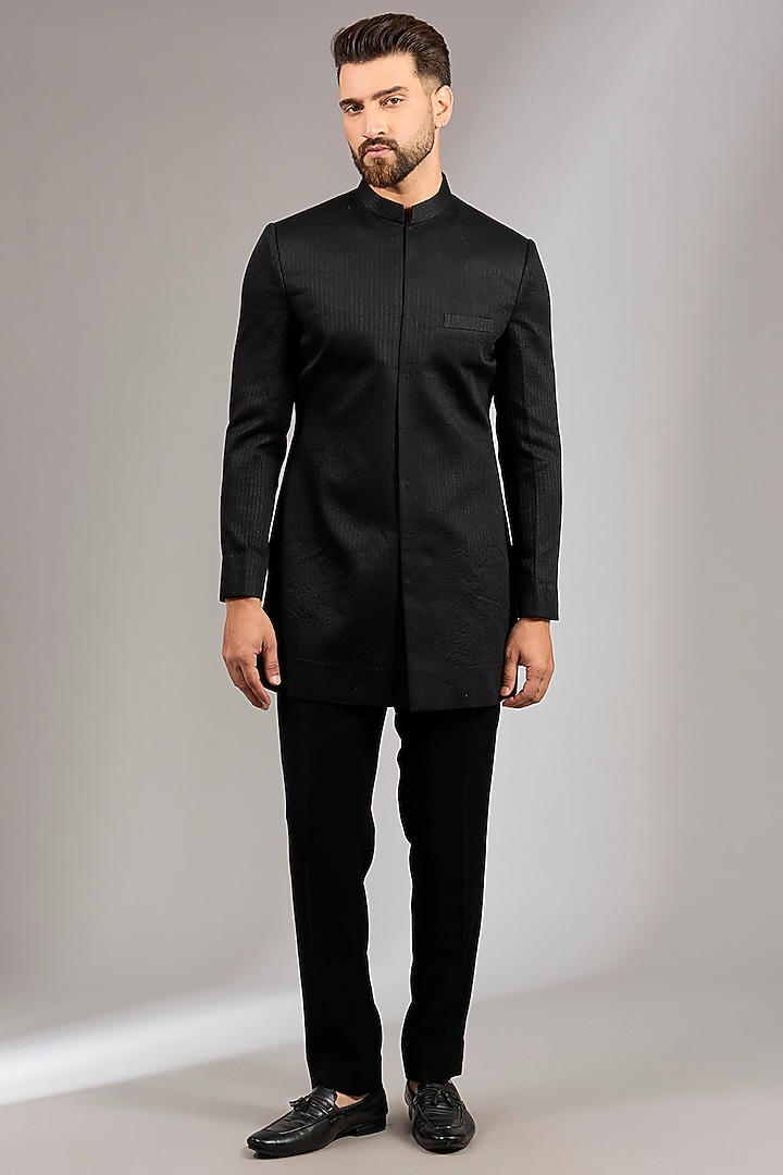 Black French Terry Cutdana Embroidered Bundi Jacket Set by RNG Safawala Men at Pernia's Pop Up Shop