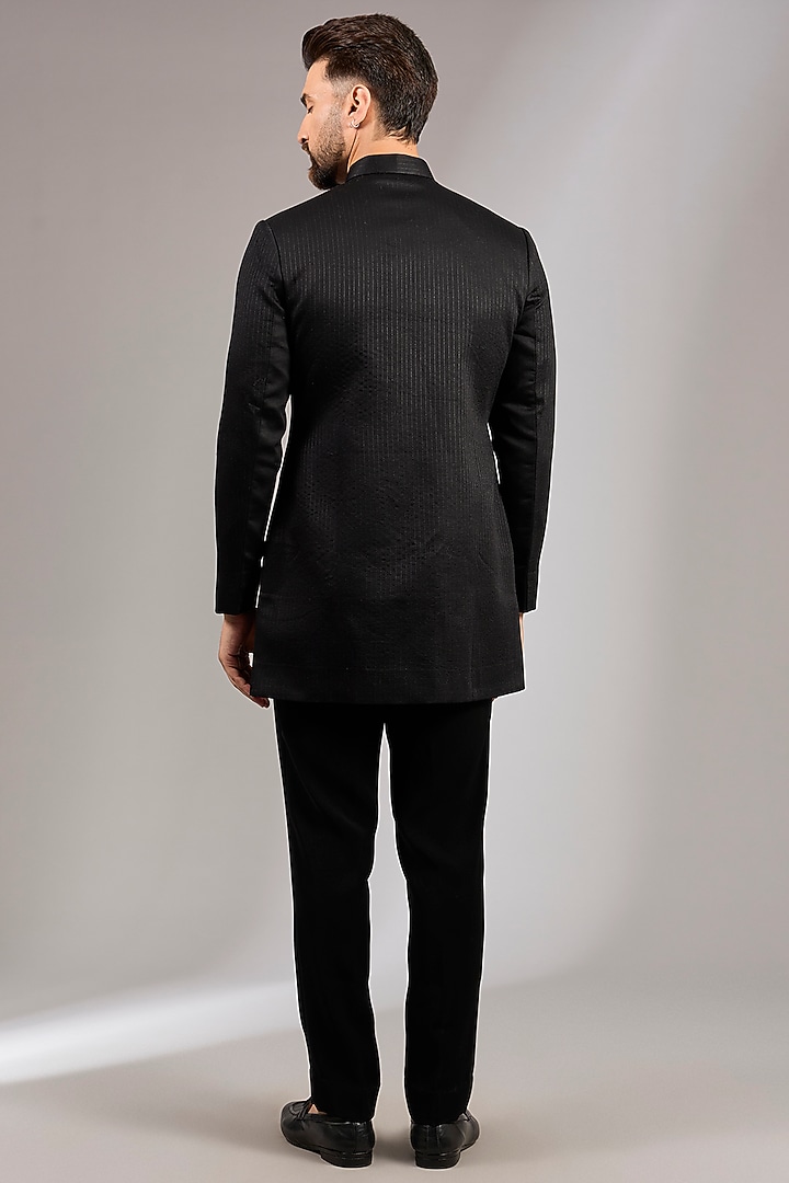 Black French Terry Cutdana Embroidered Bundi Jacket Set by RNG Safawala Men at Pernia's Pop Up Shop