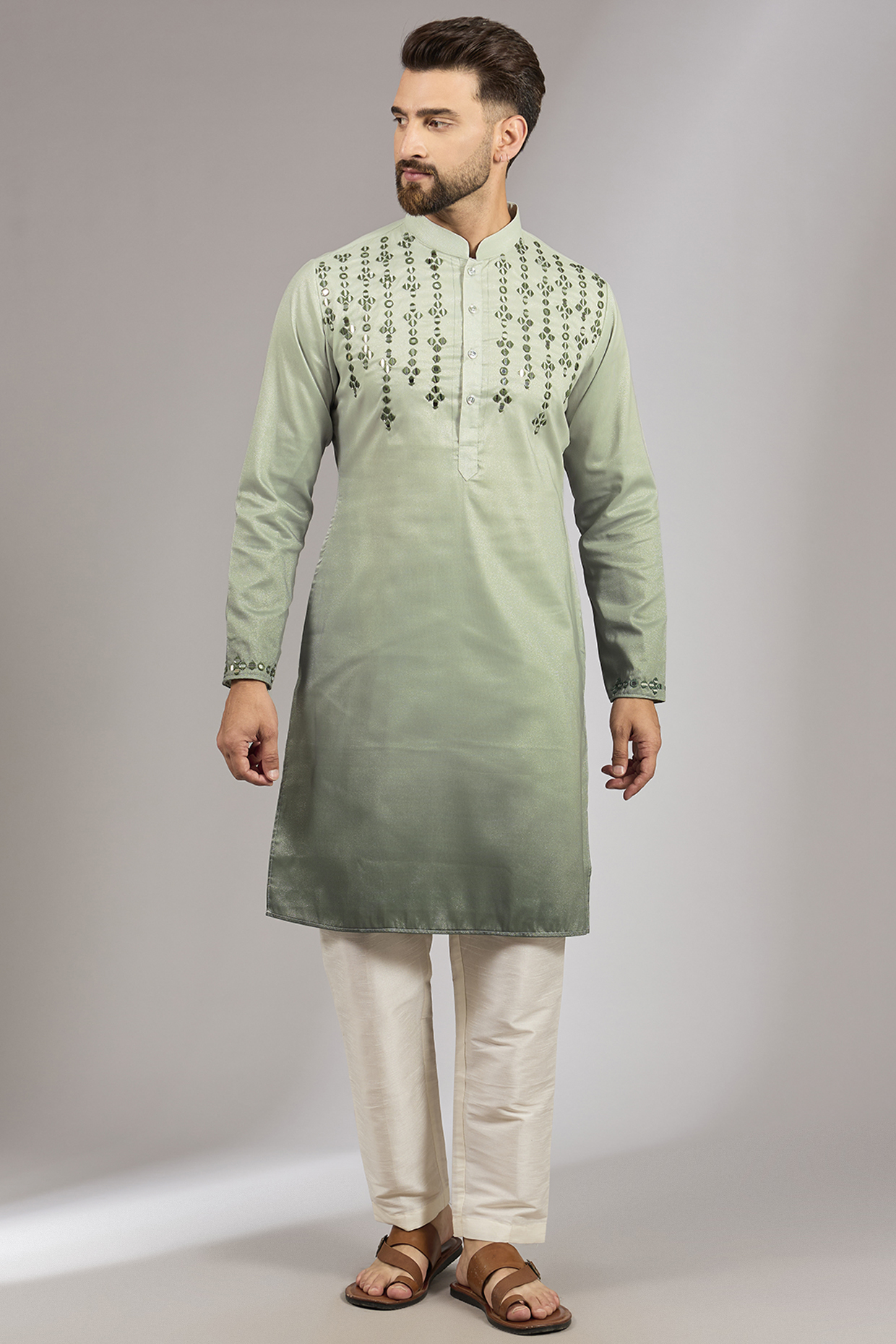 Green Ombre Cotton Silk Mirror Embroidered Kurta Set by RNG Safawala Men