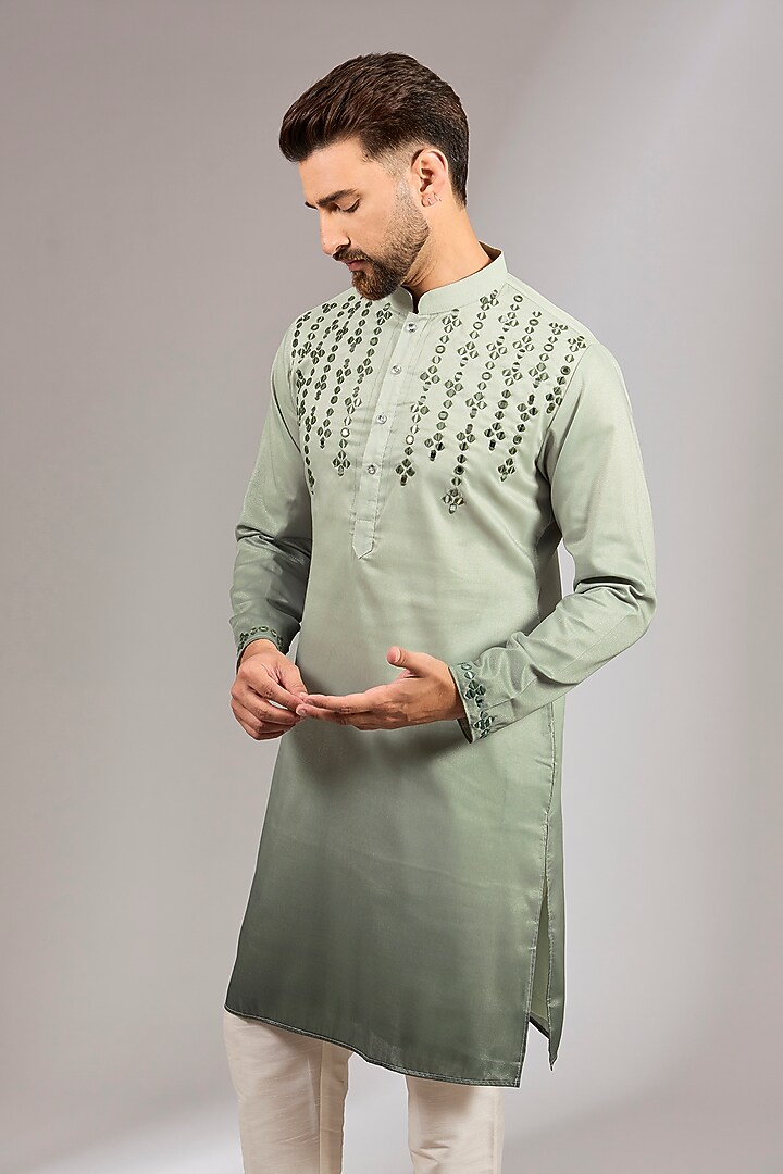 Green Ombre Cotton Silk Mirror Embroidered Kurta Set by RNG Safawala Men at Pernia's Pop Up Shop