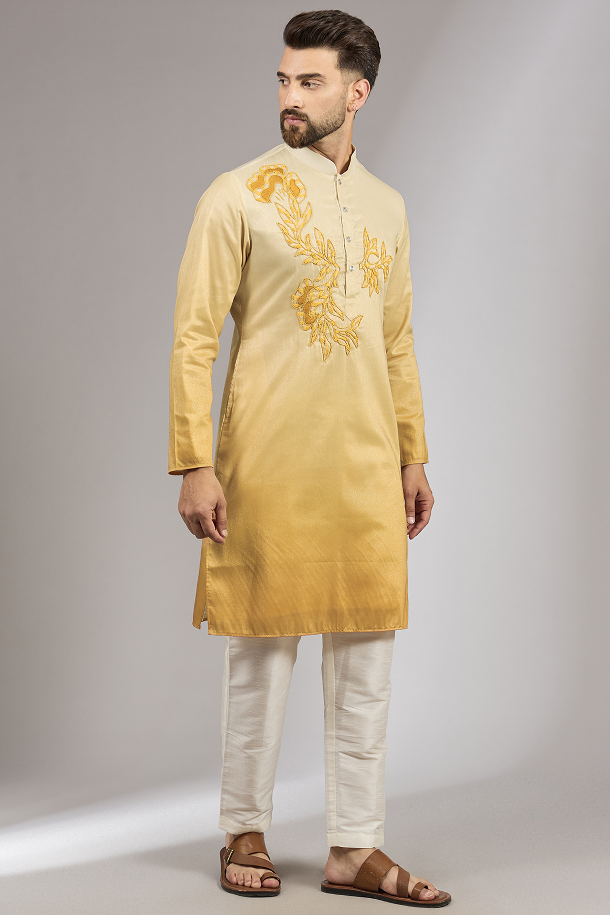 Yellow Ombre Cotton Silk Mirror Embroidered Kurta Set by RNG Safawala Men
