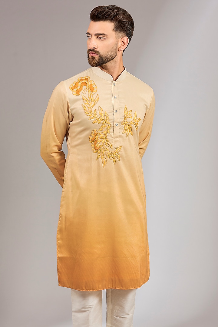 Yellow Ombre Cotton Silk Mirror Embroidered Kurta Set by RNG Safawala Men at Pernia's Pop Up Shop