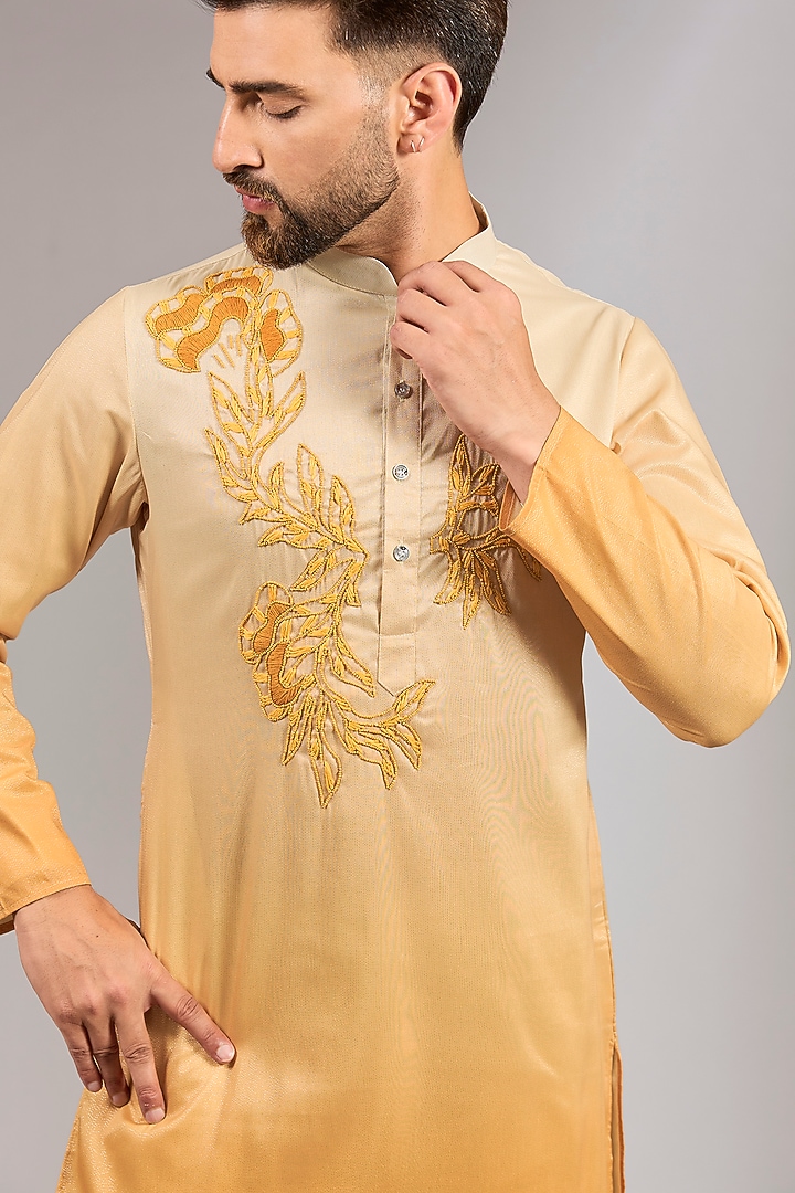 Yellow Ombre Cotton Silk Mirror Embroidered Kurta Set by RNG Safawala Men at Pernia's Pop Up Shop