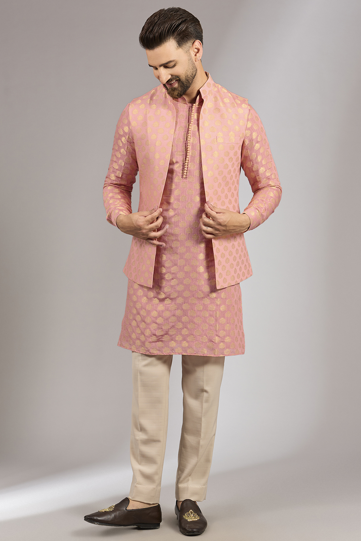 Mauve Pink Brocade Silk Motif Embroidered Indo-Western Set by RNG Safawala Men