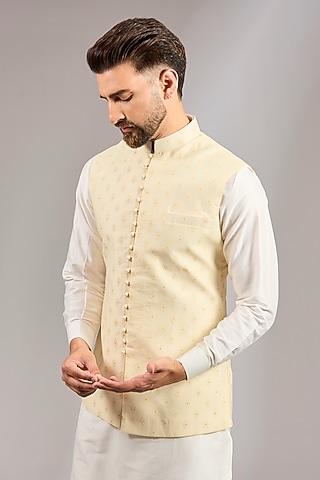 Cream Brocade Silk Motif Embroidered Bundi Set by RNG Safawala Men