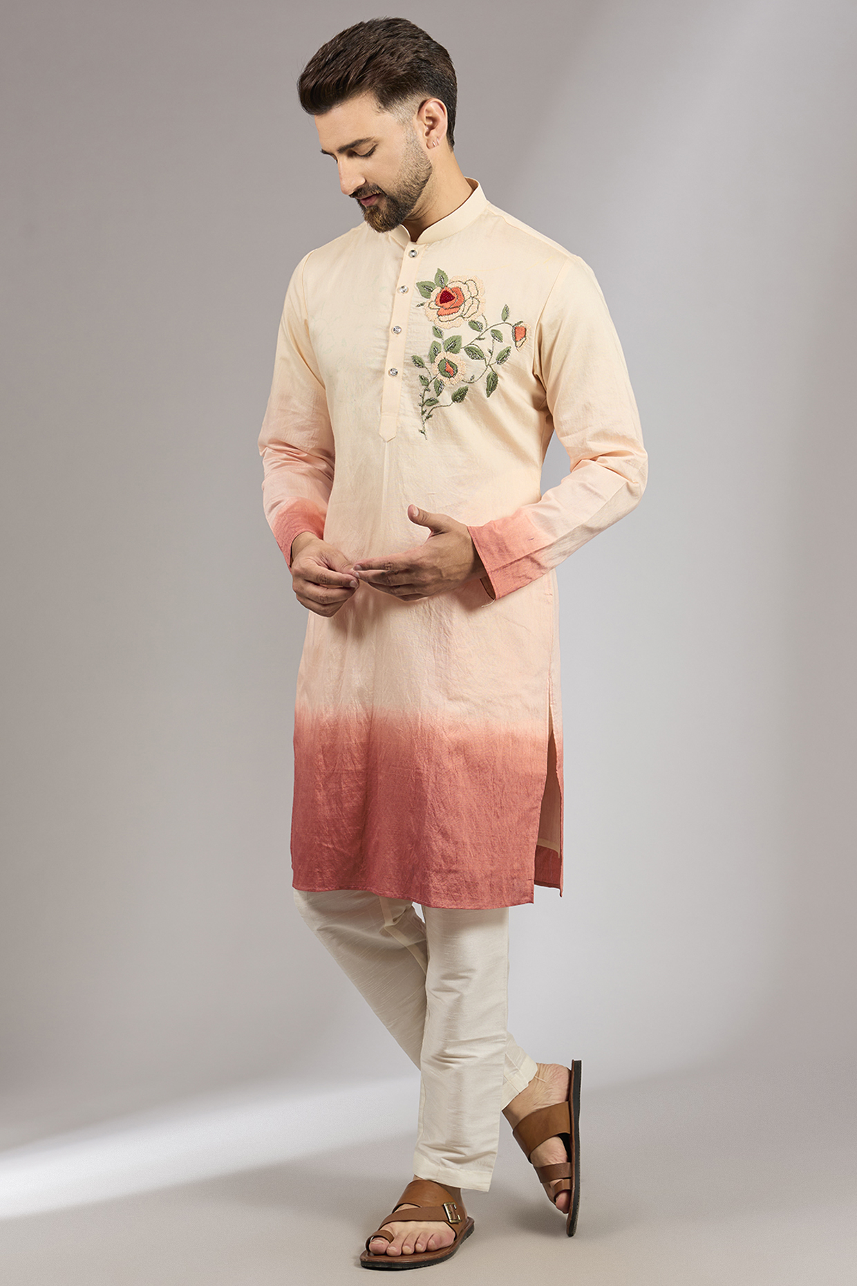 Pink Ombre Cotton Silk Resham Embroidered Kurta Set by RNG Safawala Men