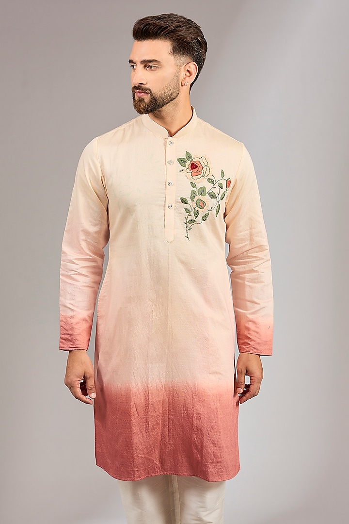 Pink Ombre Cotton Silk Resham Embroidered Kurta Set by RNG Safawala Men at Pernia's Pop Up Shop