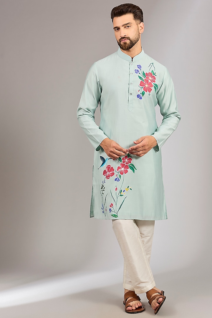 Sk Blue Cotton Silk Floral Motif Embroidered Kurta Set by RNG Safawala Men at Pernia's Pop Up Shop