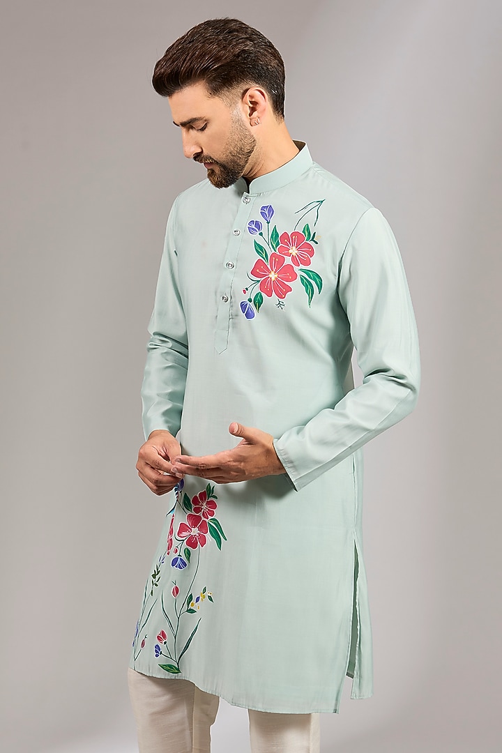 Sk Blue Cotton Silk Floral Motif Embroidered Kurta Set by RNG Safawala Men at Pernia's Pop Up Shop