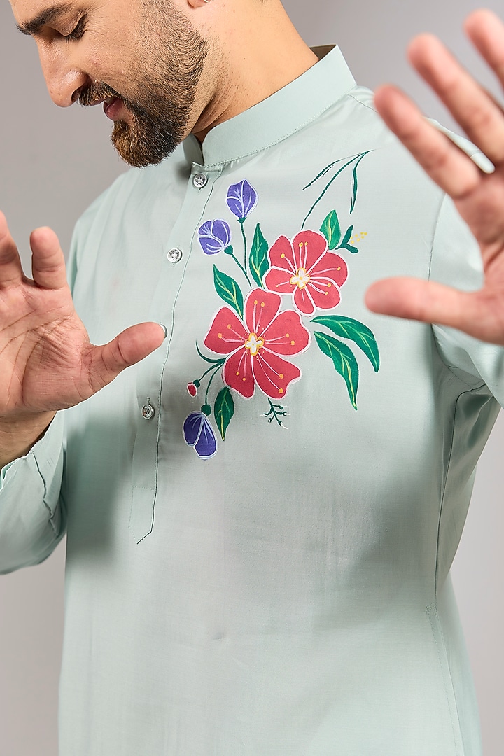 Sk Blue Cotton Silk Floral Motif Embroidered Kurta Set by RNG Safawala Men at Pernia's Pop Up Shop