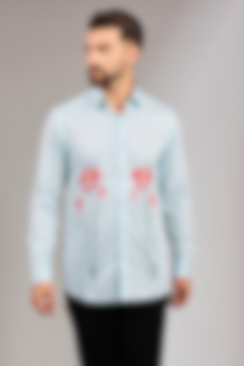 Sk Blue Crepe Silk Floral Motif Embroidered Shirt by RNG Safawala Men