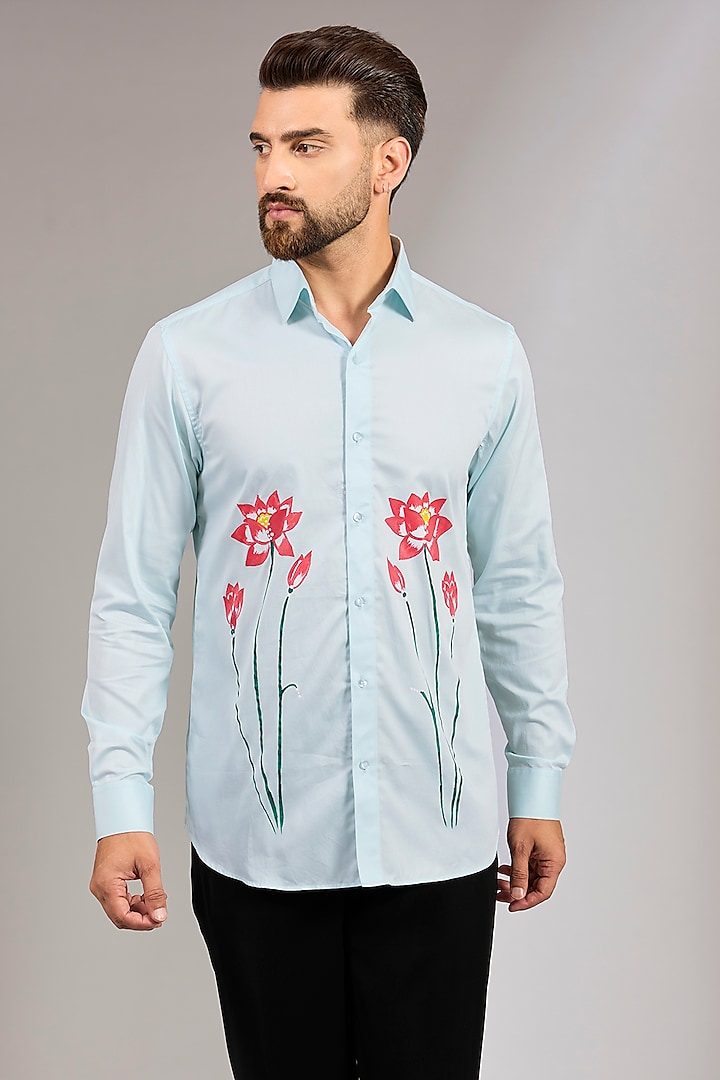 Sk Blue Crepe Silk Floral Motif Embroidered Shirt by RNG Safawala Men