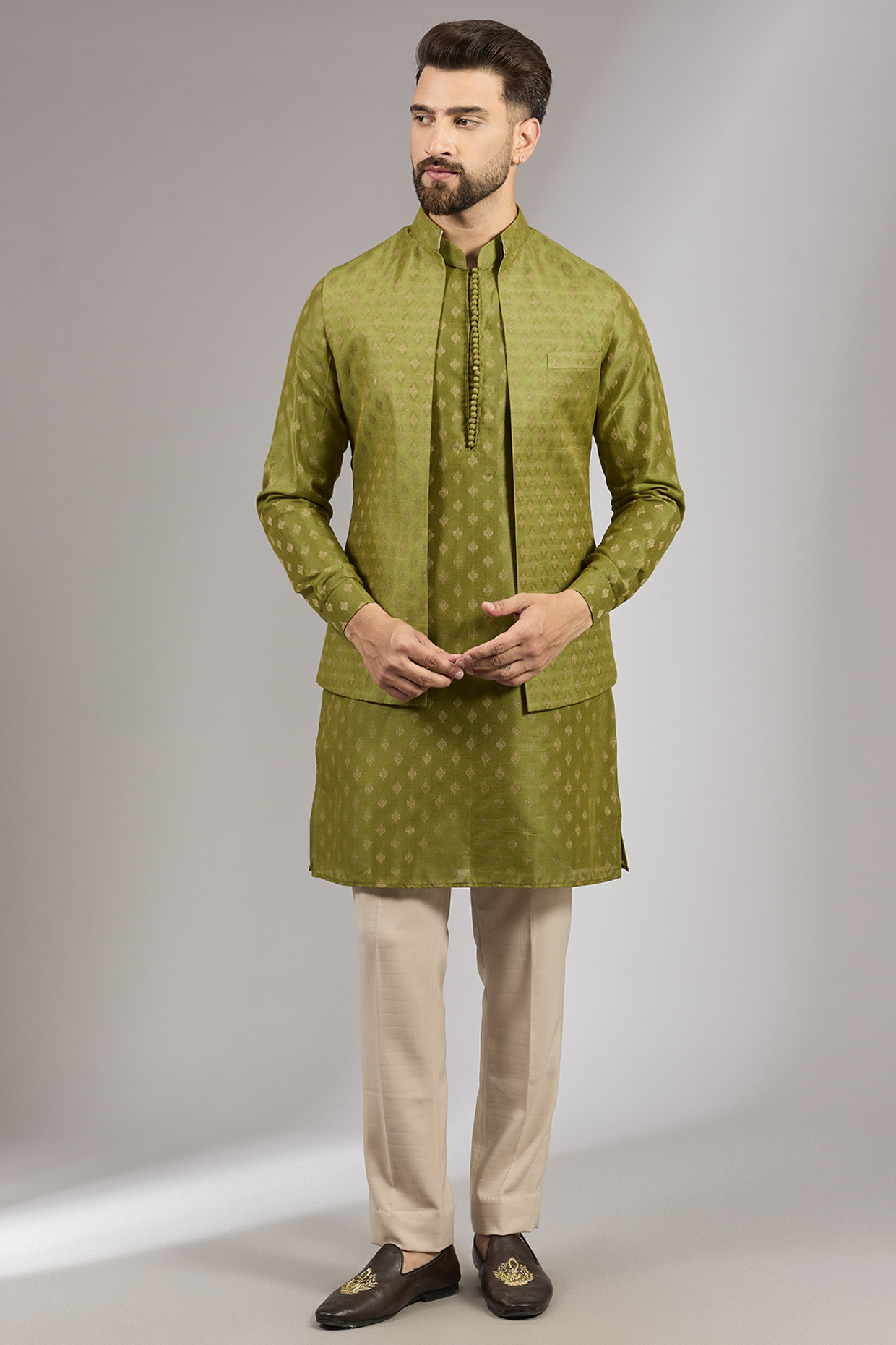 Olive Green Brocade Silk Bundi Jacket Set by RNG Safawala Men