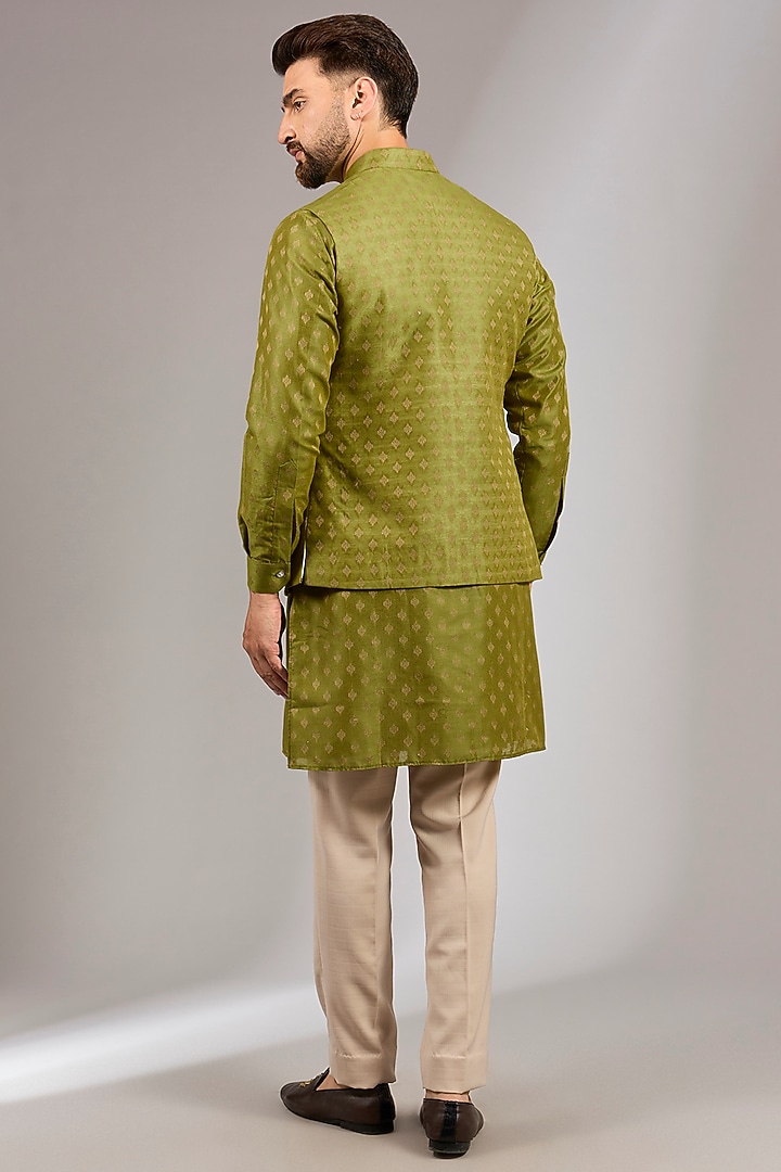 Olive Green Brocade Silk Bundi Jacket Set by RNG Safawala Men at Pernia's Pop Up Shop