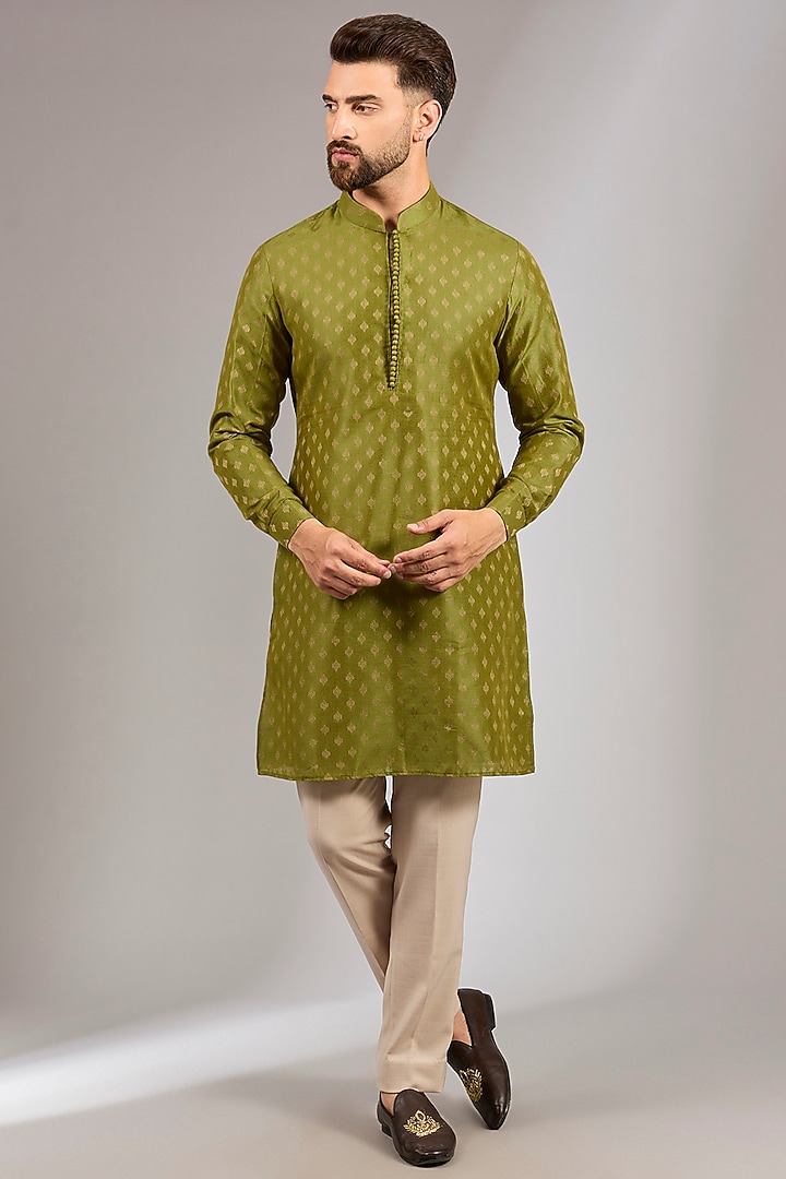 Olive Green Brocade Silk Bundi Jacket Set by RNG Safawala Men at Pernia's Pop Up Shop