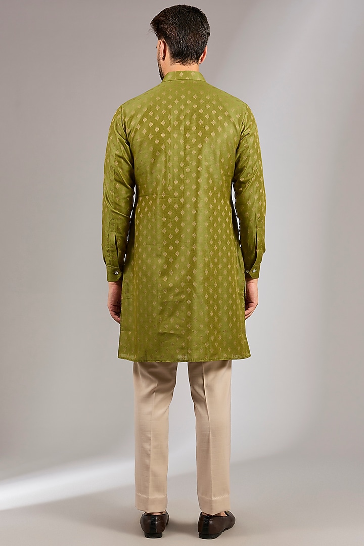 Olive Green Brocade Silk Bundi Jacket Set by RNG Safawala Men at Pernia's Pop Up Shop