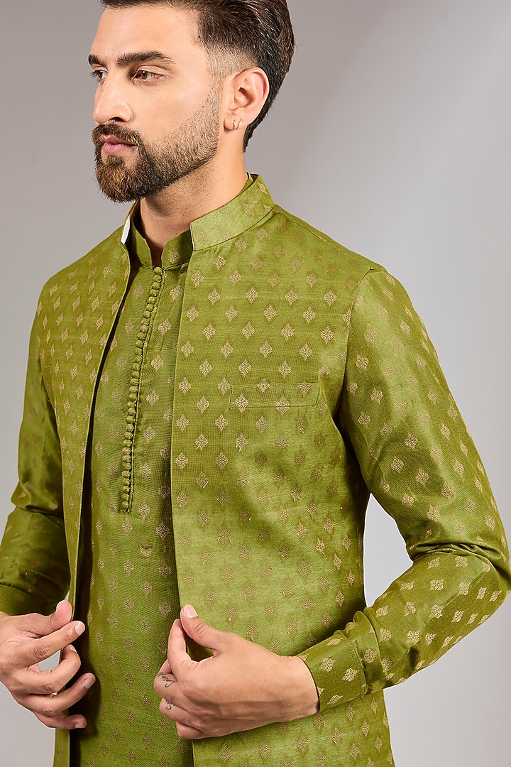 Olive Green Brocade Silk Bundi Jacket Set by RNG Safawala Men at Pernia's Pop Up Shop