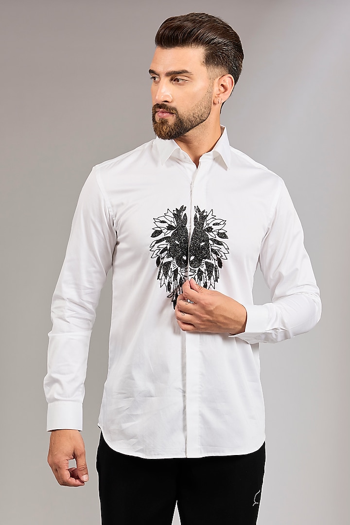 White Crepe Silk Beads Embroidered Shirt by RNG Safawala Men