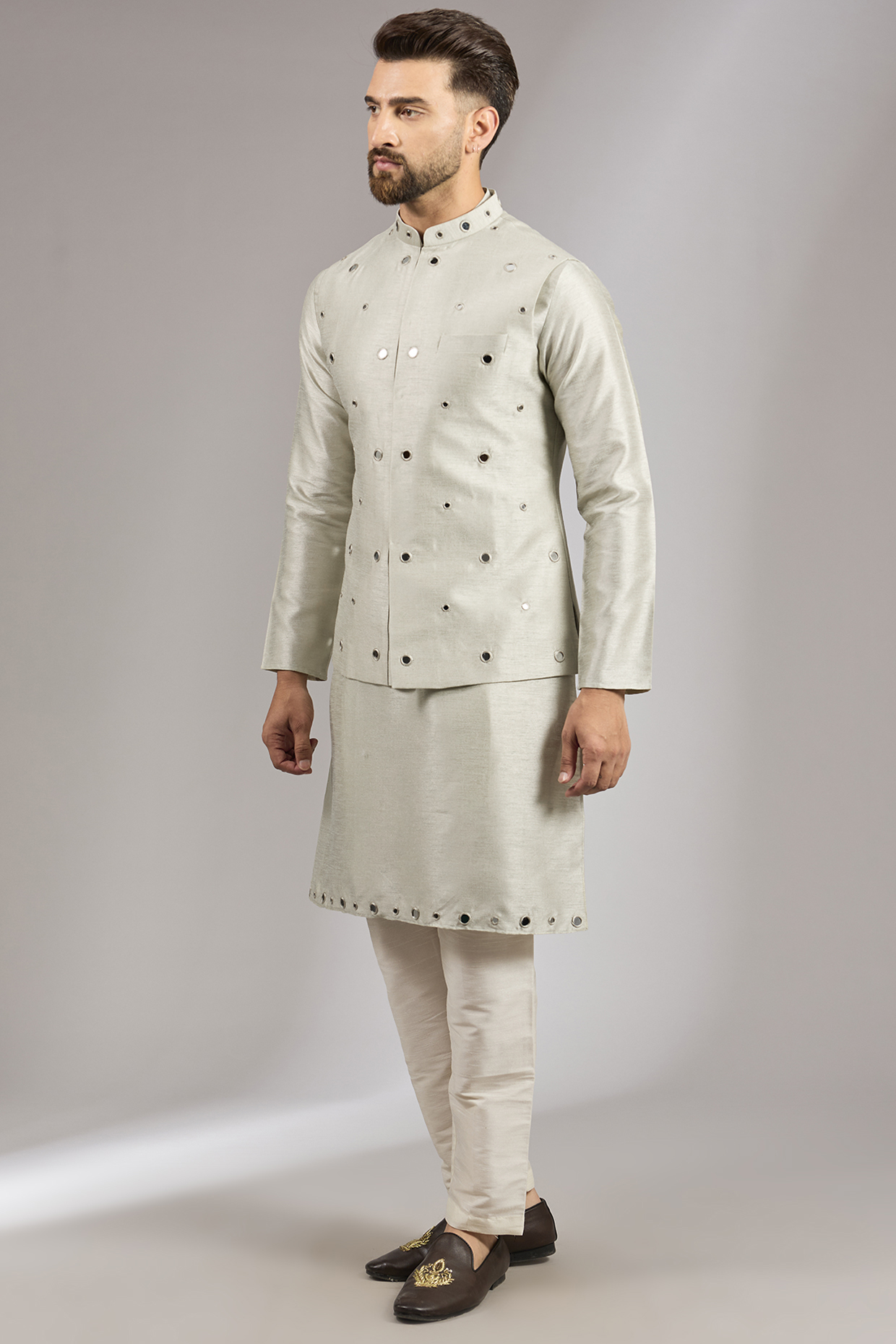 Sage Green Raw Silk MIrror Embroidered Bundi Jacket Set by RNG Safawala Men